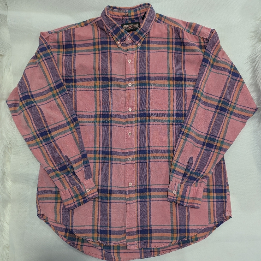 Vintage 80's American Eagle Super Soft Faded Cotton Plaid Shirt - Picture 2 of 11